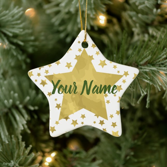 Shimmery Goldstars Golden Star Pattern Ceramic Ornament (Tree)