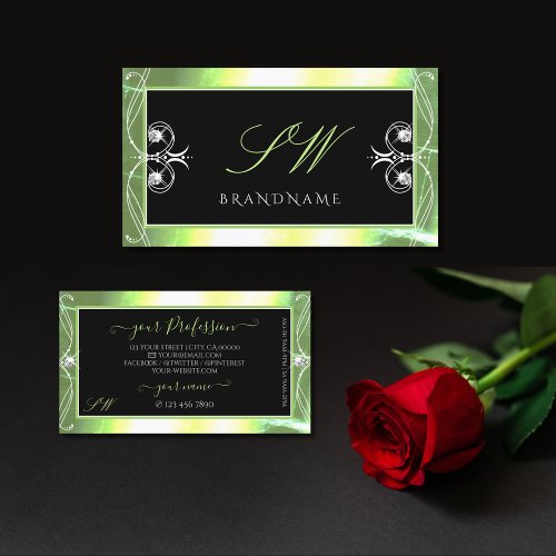 Shimmery Green Black Sparkling Diamonds Initials Business Card