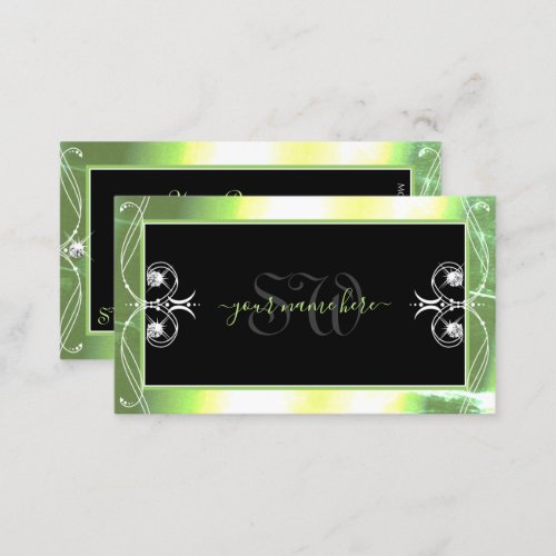 Shimmery Green Black Sparkling Diamonds Monogram Business Card
