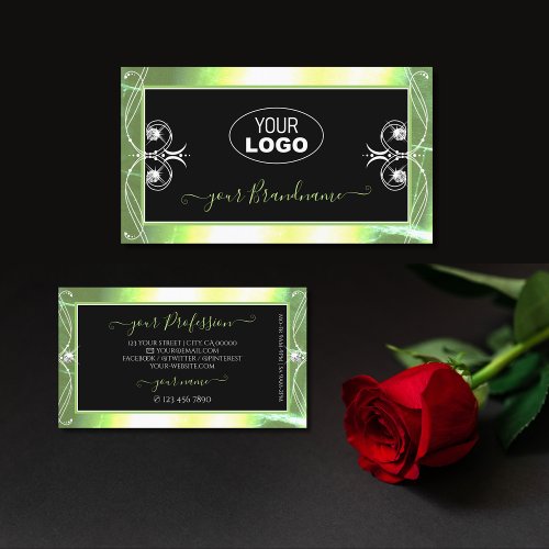 Shimmery Green Black Sparkling Diamonds with Logo Business Card