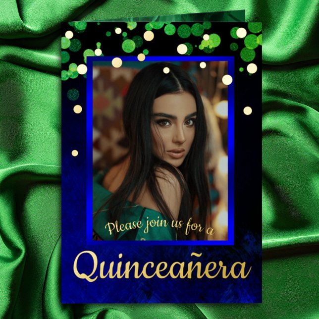 Shimmery Green & Blue Quinceanera w/ Gold Foil Greeting Card (Sapphire blue, emerald green, gold foil quinceanera invitations, royal blue and green mis quince 15)