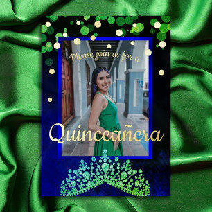 Shimmery Green, Gold, Blue Quinceanera Invitation
