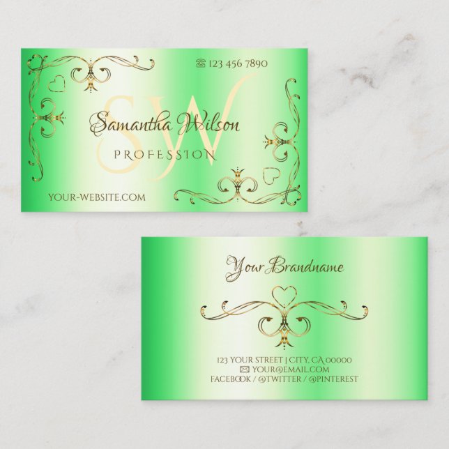 Shimmery Green Gold Ornate Corners with Initials Business Card (Front/Back)