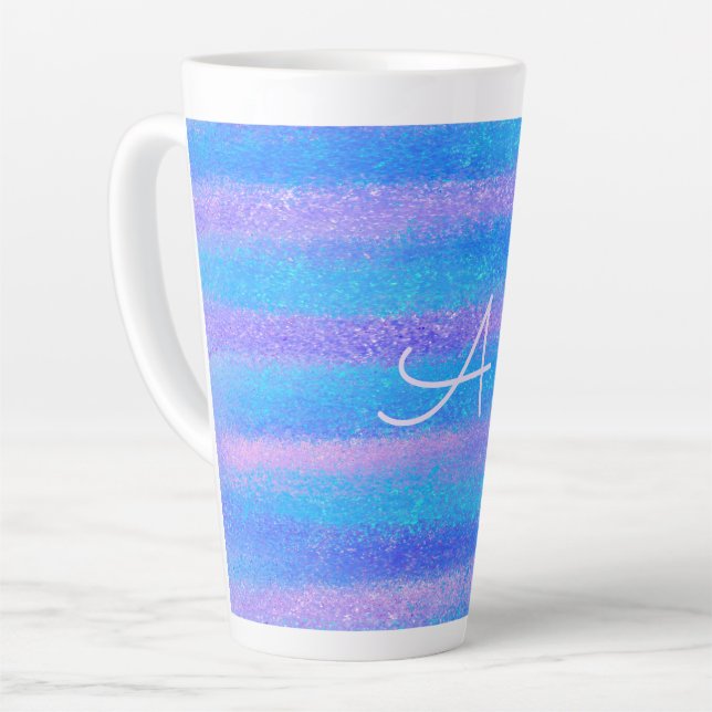 Shimmery Iridescent Stripes Turquoise Pink Latte Mug (Left Angle)