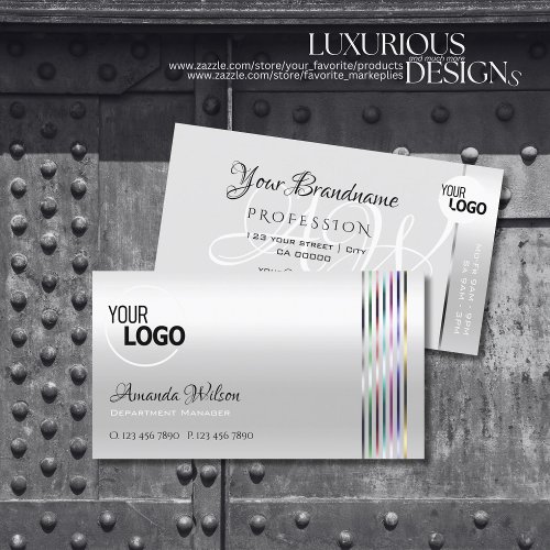 Shimmery Light Silver Colorful Stripes add Logo Business Card