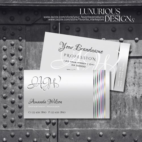 Shimmery Light Silver Colorful Stripes Monogram Business Card