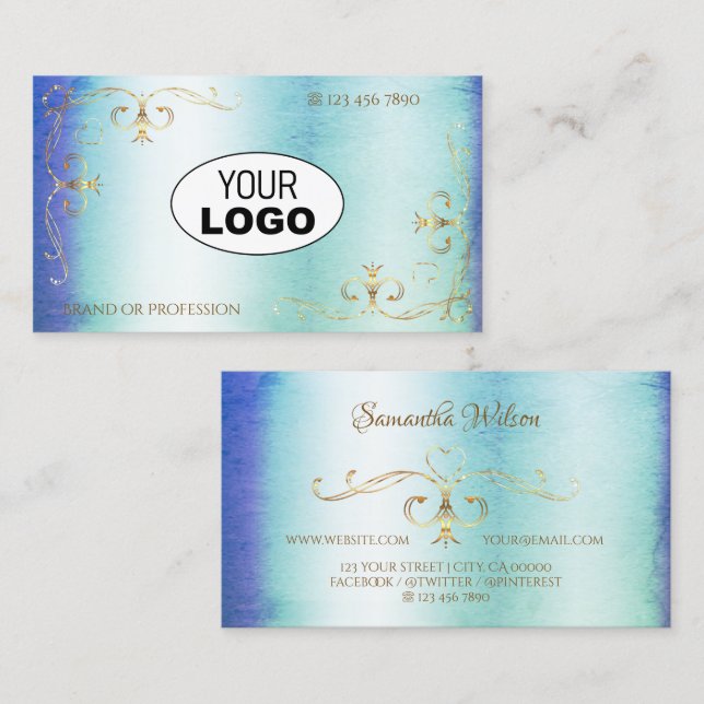 Shimmery Marble Blue Teal Gold Ornate Corners Logo Business Card (Front/Back)