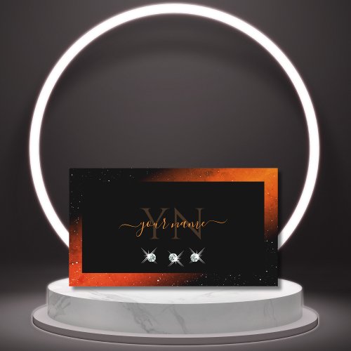 Shimmery Orange Black Sparkling Diamonds Initials Business Card