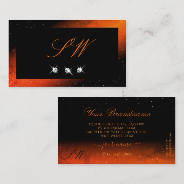 Shimmery Orange Black Sparkling Diamonds Monogram Business Card (Front/Back)