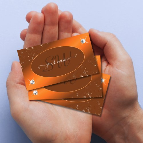 Shimmery Orange Cute Glitter Stars Jewels Initials Business Card