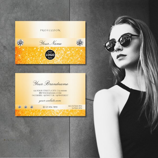 Shimmery Orange Sparkle Glitter Diamonds with Logo Business Card (Creator Uploaded)