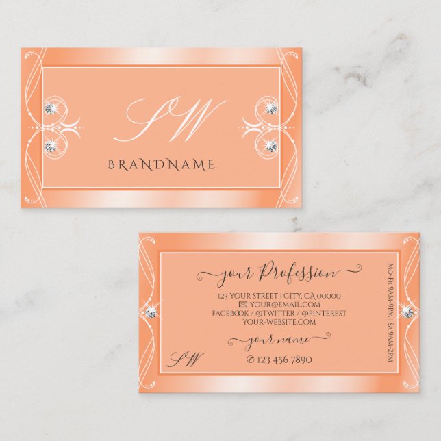 Shimmery Peach Sparkling Diamonds Initials Ornate Business Card (Front/Back)