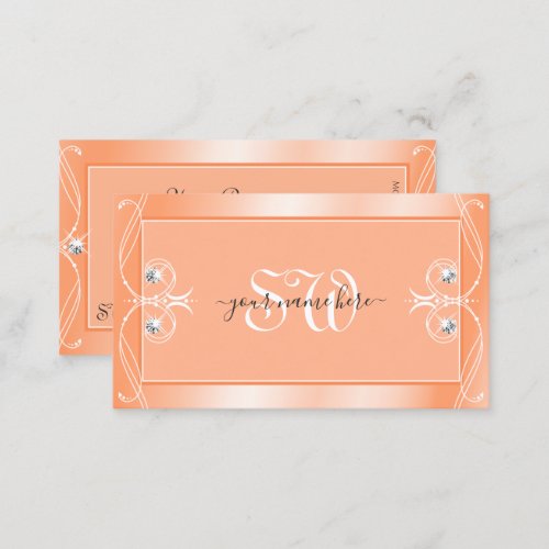 Shimmery Peach Sparkling Diamonds Monogram Ornate Business Card