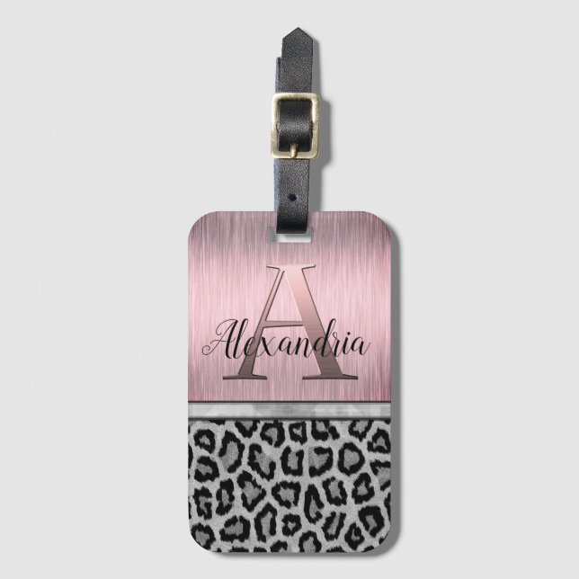 Shimmery Pink Blush Monogram Leopard Luggage Tag (Front Vertical)