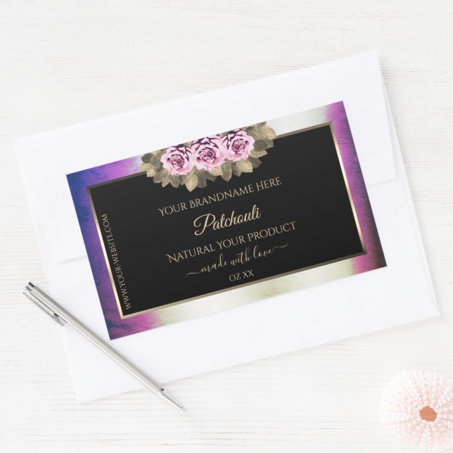 Shimmery Purple Marble Floral Black Product Labels (Envelope)