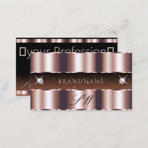 Shimmery Rose Gold Brown Sparkle Jewels Monogram Business Card