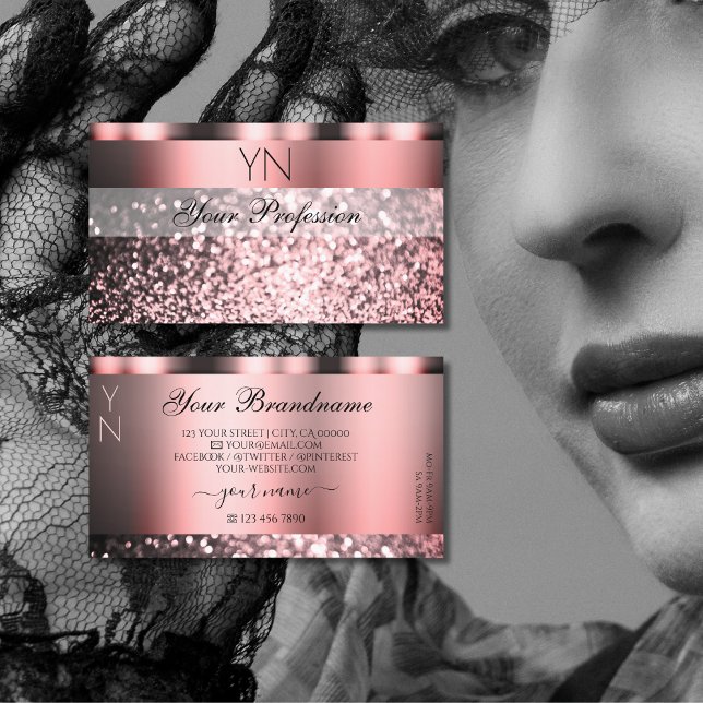 Shimmery Rose Pink Sparkling Glitter with Monogram Business Card (Creator Uploaded)