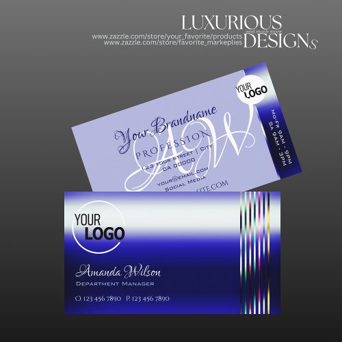 Shimmery Royal Blue and Colorful Stripes add Logo Business Card