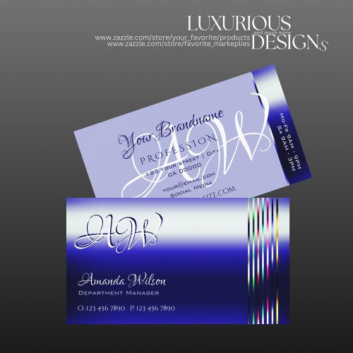 Shimmery Royal Blue Colorful Stripes and Monogram Business Card