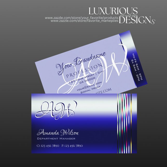 Shimmery Royal Blue Colorful Stripes and Monogram Business Card (Creator Uploaded)