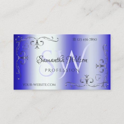 Shimmery Royal Blue Ornate Corner Border Initials Business Card