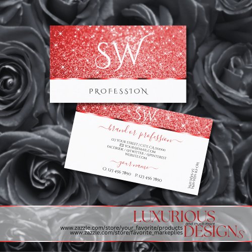 Shimmery Ruby Red Glitter Sparkle Stars Initials Business Card