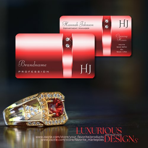Shimmery Ruby Red Gradient Diamonds and Initials Business Card