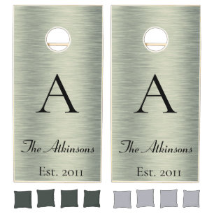 Shimmery Sage Green Monogram Family Name Cornhole Set