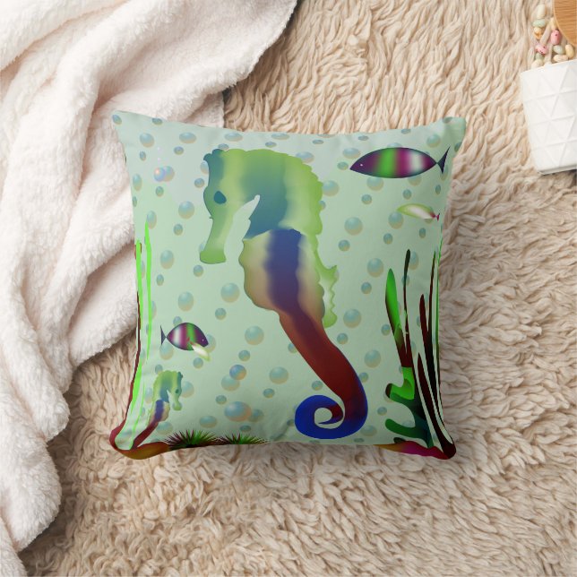  Shimmery Seahorse & Underwater World Throw Pillow (Blanket)