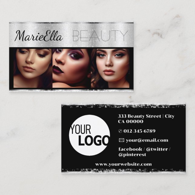 Shimmery Silver Glitter Chrome with Logo Images Business Card (Front/Back)
