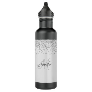 Shimmery Silver Satin & Glitter Sparkles  Stainless Steel Water Bottle