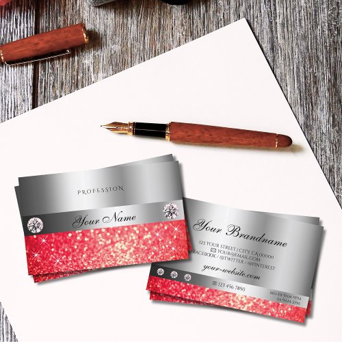 Shimmery Silver Sparkle Ruby Red Glitter Diamonds Business Card