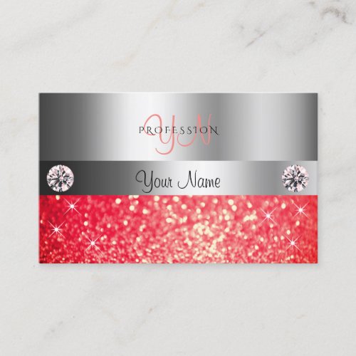 Shimmery Silver Sparkle Ruby Red Glitter Monogram Business Card