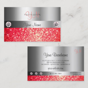Shimmery Silver Sparkle Ruby Red Glitter Monogram Business Card