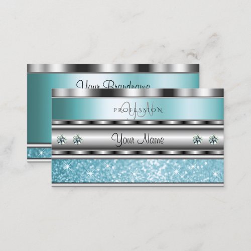 Shimmery Silver Sparkling Teal Glitter Monogram Business Card