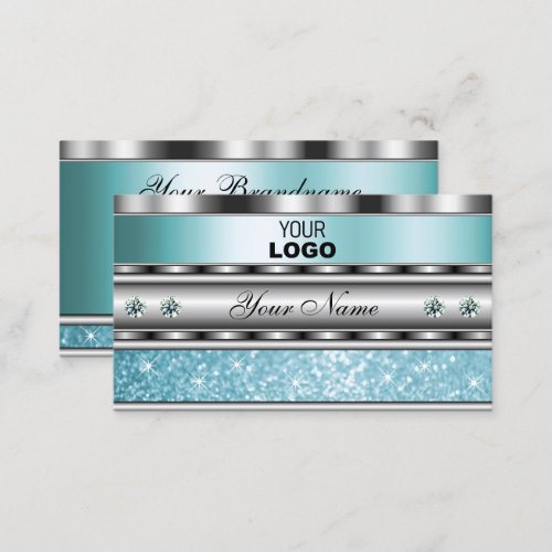 Shimmery Silver Sparkling Teal Glitter with Logo Business Card