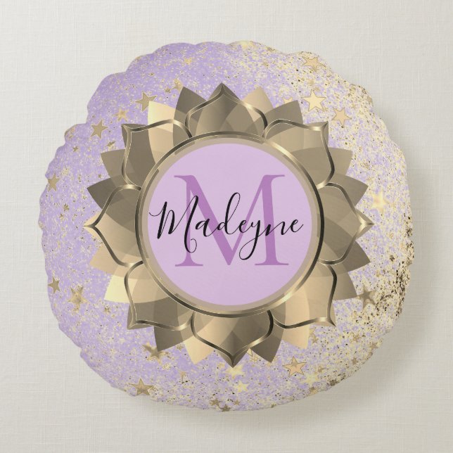 Shimmery  Stars Gold Lotus Mandala Monogram Round Pillow (Front)
