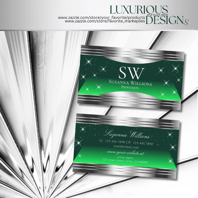 Shimmery Stars Green Silver Borders with Monogram Business Card (Creator Uploaded)