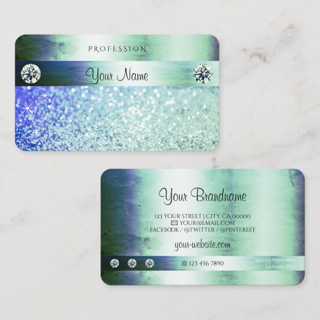 Shimmery Teal Blue Glitter Sparkle Stars Diamonds Business Card (Front/Back)