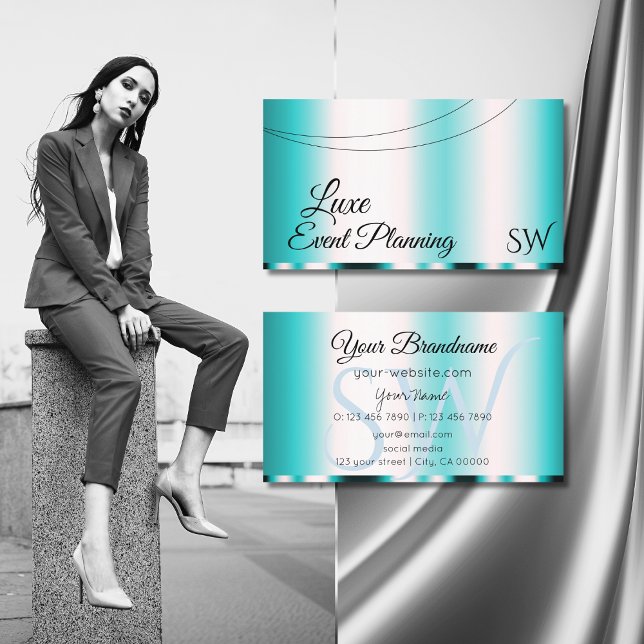 Shimmery Teal Glamorous with Initials Stylish Business Card (Creator Uploaded)