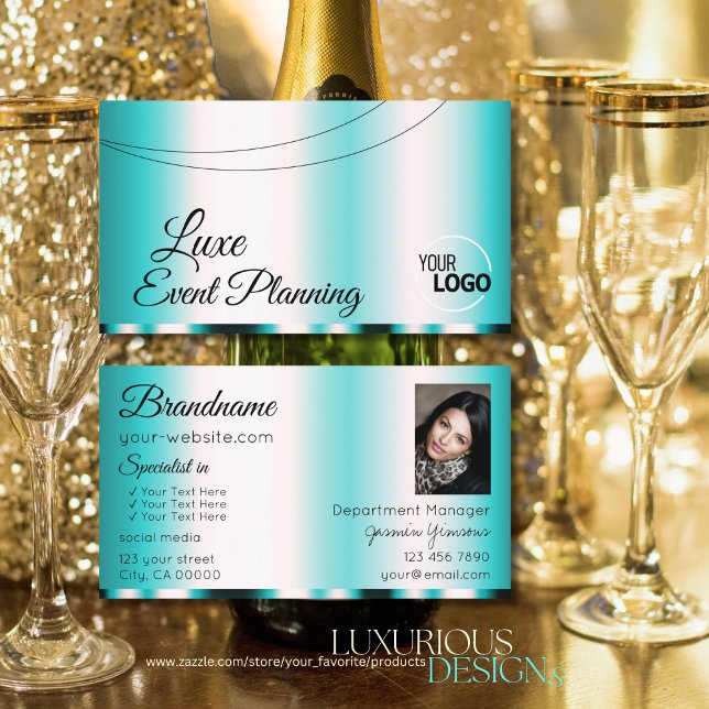 Shimmery Teal Glamorous with Logo and Photo Modern Business Card (Creator Uploaded)