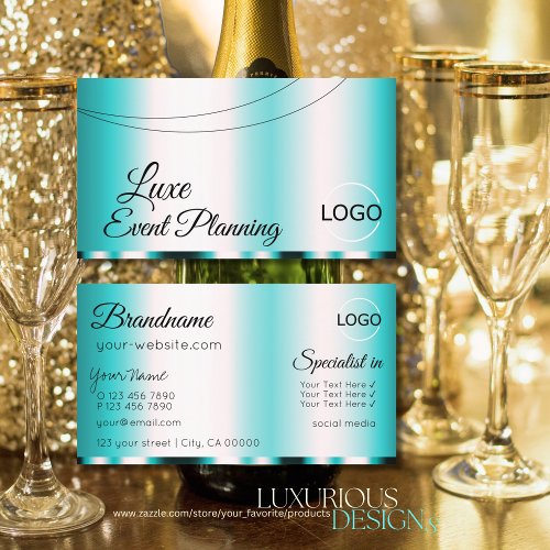 Shimmery Teal Glamorous with Logo Stylish Elegant Business Card