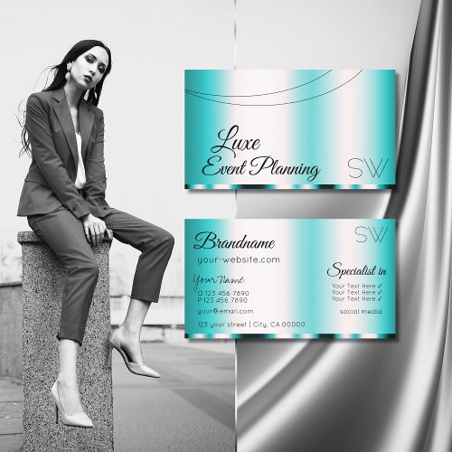 Shimmery Teal Glamorous with Monogram Stylish Business Card