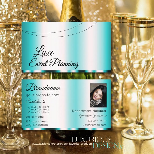 Shimmery Teal Glamorous with Photo Stylish Elegant Business Card (Creator Uploaded)