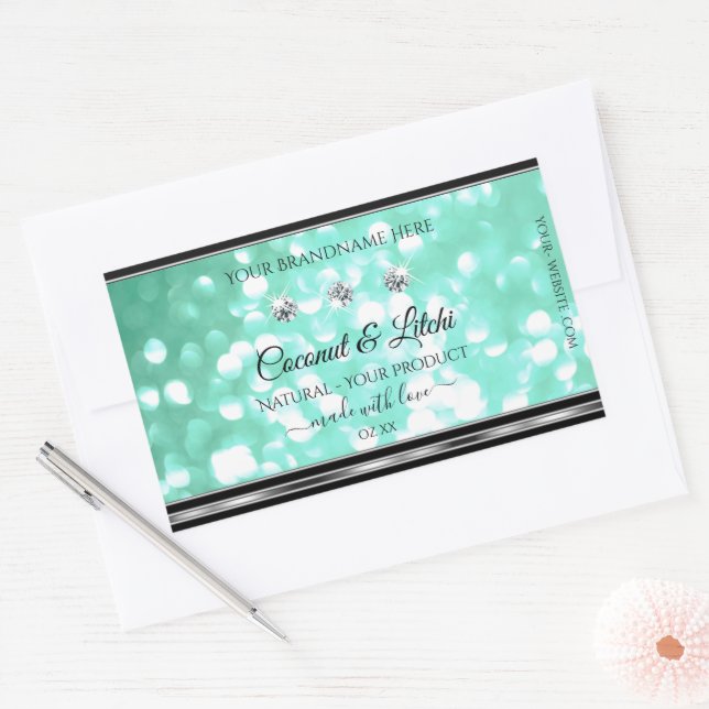 Shimmery Teal Glitter Product Labels with Diamonds (Envelope)