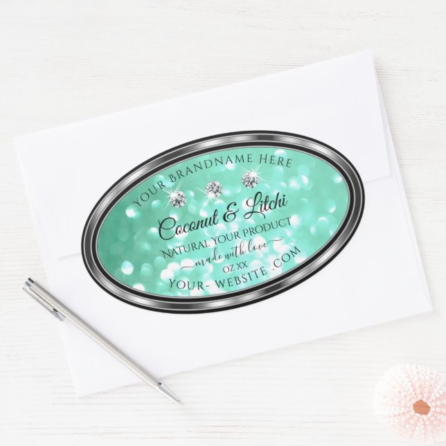 Shimmery Teal Glitter Product Labels with Diamonds (Envelope)
