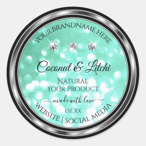 Shimmery Teal Glitter Product Labels with Diamonds