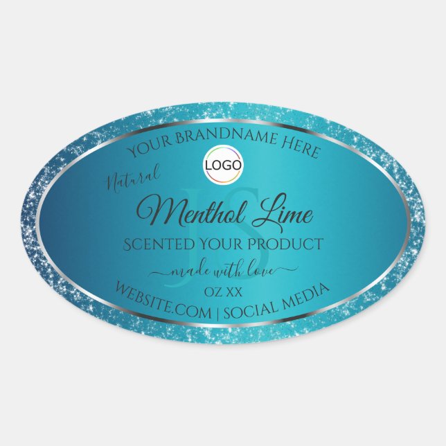 Shimmery Teal Logo Initials Glitter Product Labels (Front)
