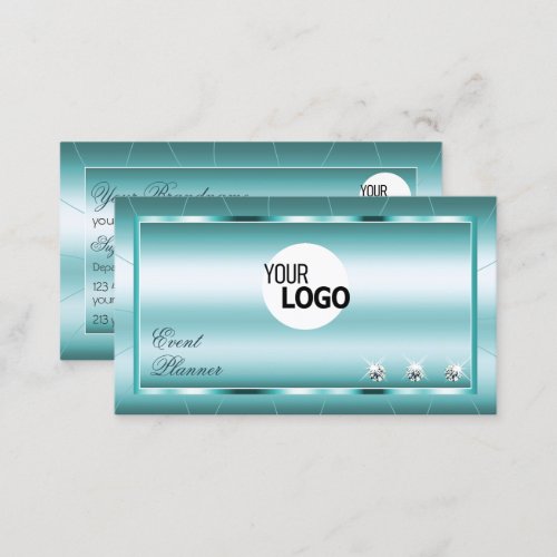 Shimmery Teal with Diamonds and Logo Professional Business Card
