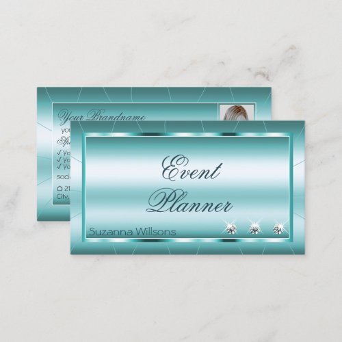 Shimmery Teal with Diamonds and Photo Professional Business Card